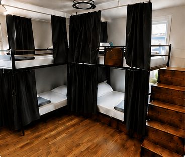 Bunk beds with stairs and blackout privacy curtains